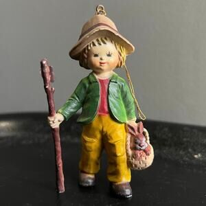 Vintage Bradford Novelty Co Boy with Walking Stick & Basket with Rabbit Ornament